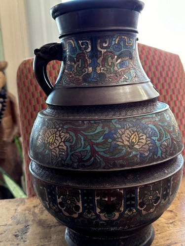 ANTIKE JAPANISCHE GROSSE BRONZE EMAILLIERTE VASE CLOISONNE INTARSIEN DRACHENGRIFF 14" T - Bild 6 von 14