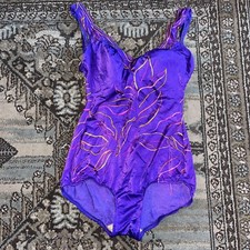 Vintage Maxine of Hollywood Swimsuit Size 14 Purple Metallic Floral Made In USA