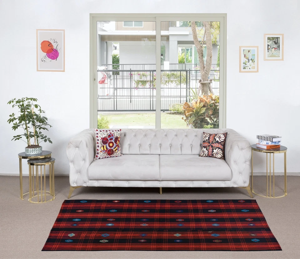 4.6x8 Ft Vintage Hand-Woven Kilim, Anatolian Rug in Red, Navy Blue & Black - Image 2 of 4