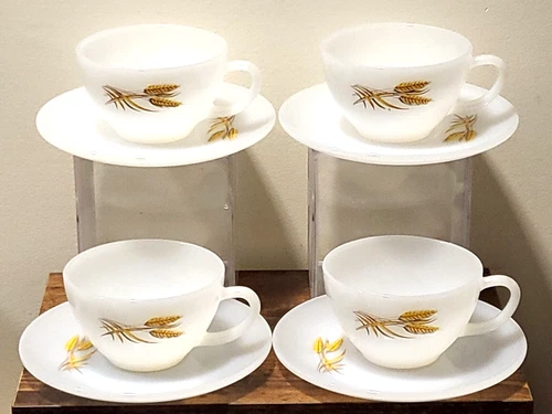Vintage Anchor Hocking Fire King Wheat Pattern Cup & Saucer Set (4)