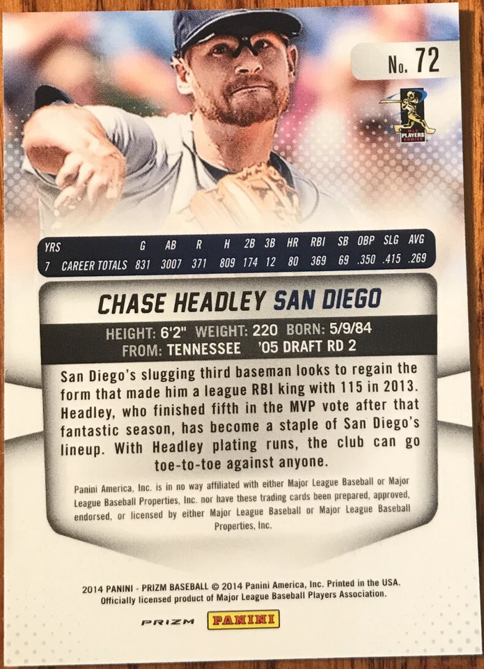 2014 Panini Prizm Prizms Red White & Blue Pulsar Chase Headley #72 - Изображение 2 из 3