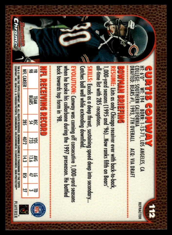 1999 BOWMAN CHROME REFRACTOR Curtis Conway Chicago Bears #112 - Image 2 of 2