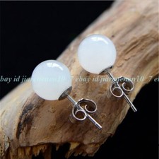 Pretty 10mm Natural White Jade Gemstone Round Ball Stud Earrings