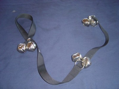 7 Bells,  Silver Bells on  BLACK CLOTH  strap WITH LOOP AT TOP 32'' LONG
