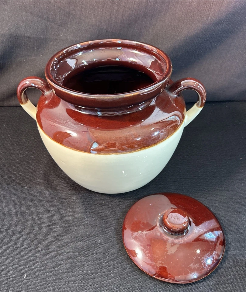 McCoy Bean Pot  & Lid Brown Tan Ovenproof Double Handle Pottery USA 343 Vintage - Image 4 of 4