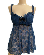 Frederick  s of Hollywood Lace Babydoll Lingerie Blue Sheer Bow Sequins Size L