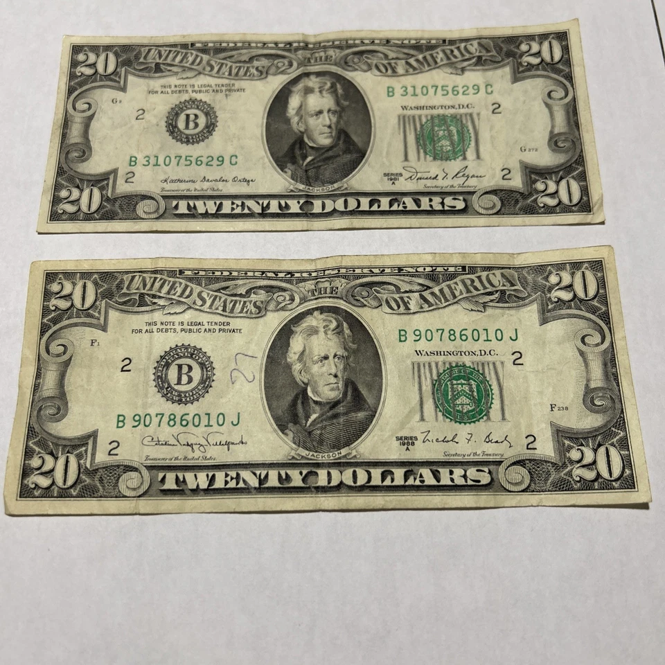 $20 Dollar Bills Lot of 2 1981, 1988 Old design small face Circulated Free Ship - Image 3 of 4