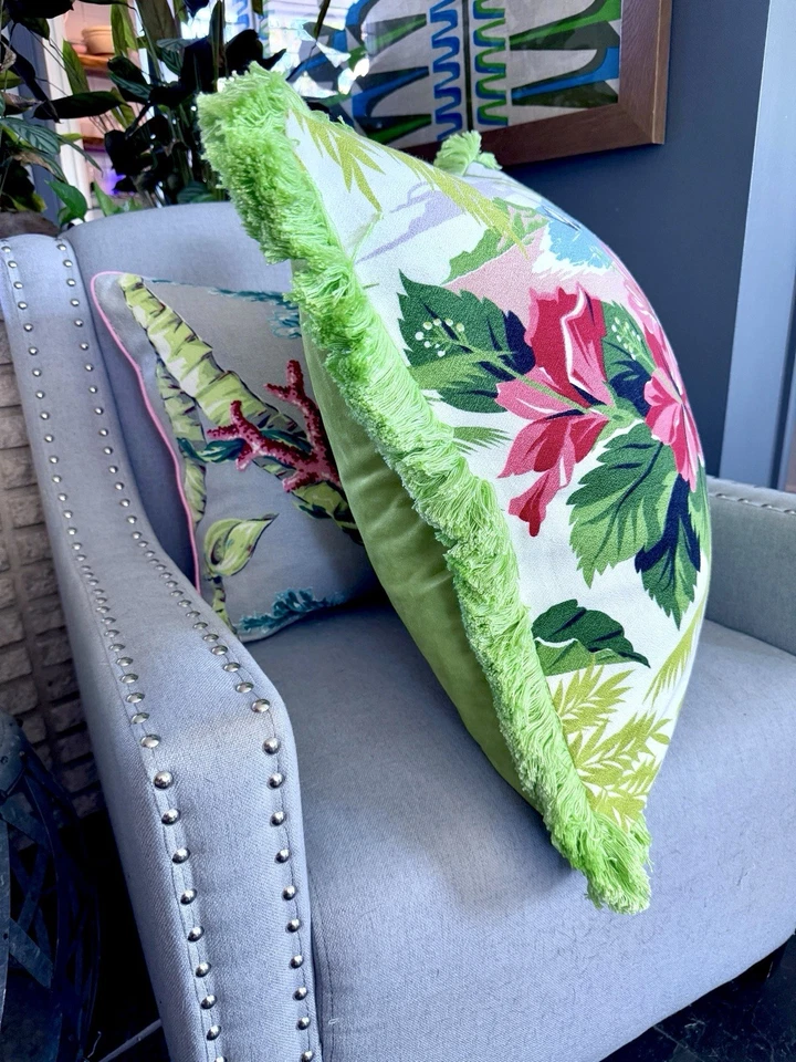 Key West Island Clipper Ship & Hibiscus Barkcloth Pillow Cover Vintage Fabric - Image 3 of 4