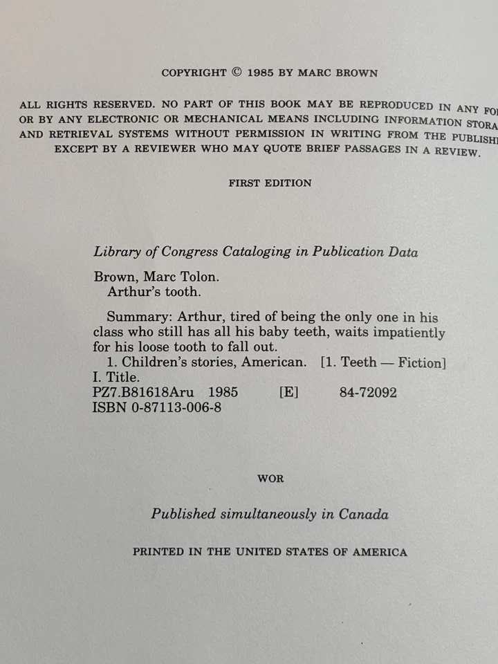 Arthurs Tooth By Marc Brown 1st Ed signed copy - Image 2 of 4