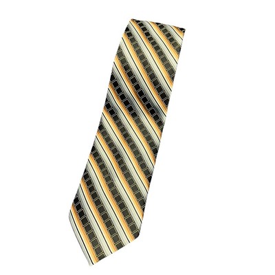 Renzo Hand Made Pure silk Men's Necktie Striped Black Orange Career
