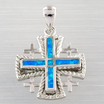 Jerusalem Cross Ocean Blue Fire Opal Silver Jewelry 3D Necklace Pendant
