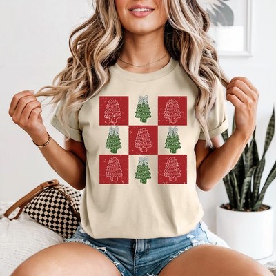 Weihnachten Holiday Tree Grid Damen T-Shirt Festliche Jahreszeit Muster