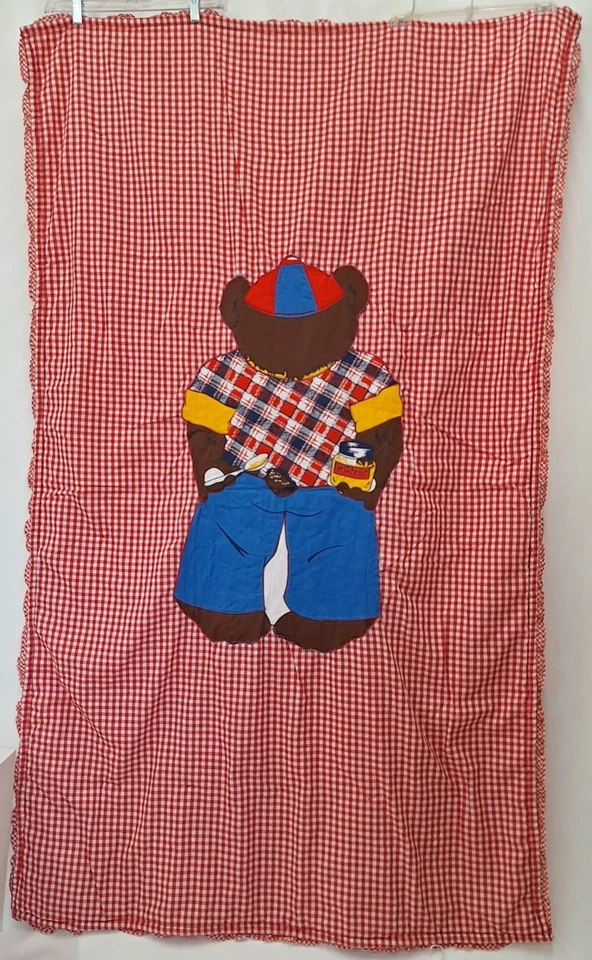Edredón manta cuna a cuadros de guinga de colección años 70 Big Honey Bear Leñador EVC Foto 4 de 4