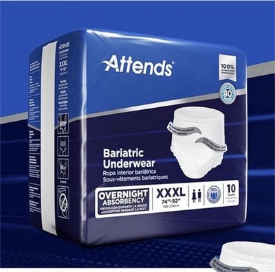 (4 BAGS OF 10) ATTENDS BARIATRIC UNDERWEAR SIZE: 3X (XXXL) 75-92  40 COUNT