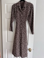 VTG Long Sleeves Belted Dress Brown White Floral Print Sz m/L