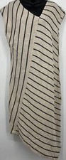 Tahari Women Black Tan Stripe Dress Size Large L Linen Shift Asymmetrical New