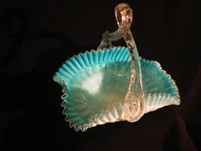 VICTORIAN BLUE CASED GLASS SILVER MICA FLAKES BRIDES BOWL BASKET THORN HANDLE 8"