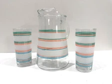 Vintage Libbey Glass Pitcher & Cups Tumblers Frosted Stripes Set Peach Dexter