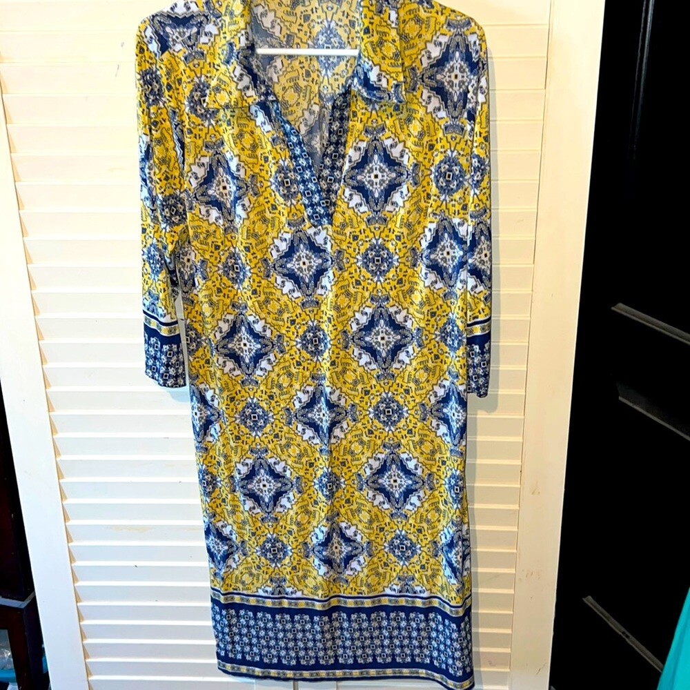 Suzy Shier Geometric Bohemian V Neck Long Sleeve Midi Dress XL