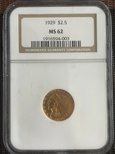 1929 $2.50 Indian Head  Quarter Eagle Coin NGC MS62