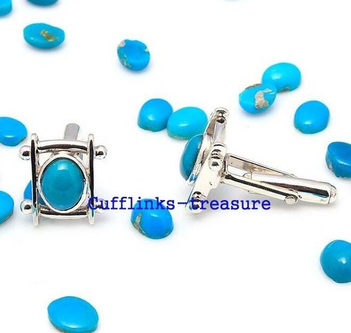 Natural Turquise Gemstones with 925 Sterling Silver Cufflinks for Men's #9213 - Picture 3 of 3