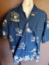Royal Creations USA Made Mans XL Blue Rayon Hawaiian Shirt Island Palms