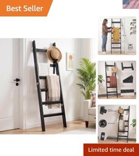 Sturdy Black 6-Tier Blanket Ladder, 5.4ft with Hooks - Perfect for Any Room