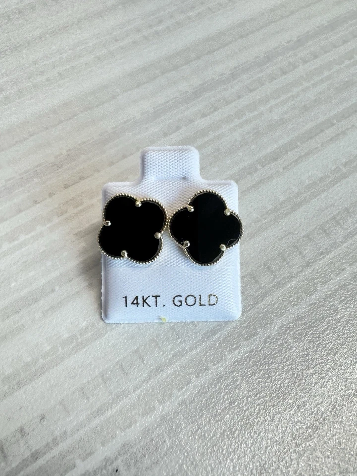 14K Solid Yellow Gold Flower Earrings. Black Flower Clover. Aretes De Trebol - Image 3 of 3