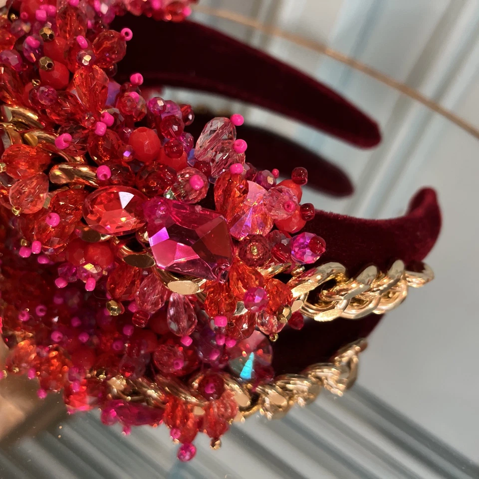 Hermosa diadema hecha a mano borgoña/rojo/rosa/oro/terciopelo - ¡solo artista! Foto 3 de 4