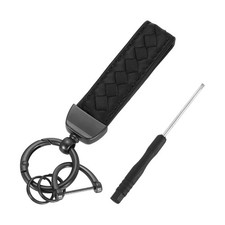 Leather Car Keychain, 5" Key Chain with D Ring and Dark Gray Key Ring, Black