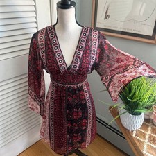 Vintage Rave Dress Womens Medium Red Paisley Flare Sleeve Y2K Fairy Grunge