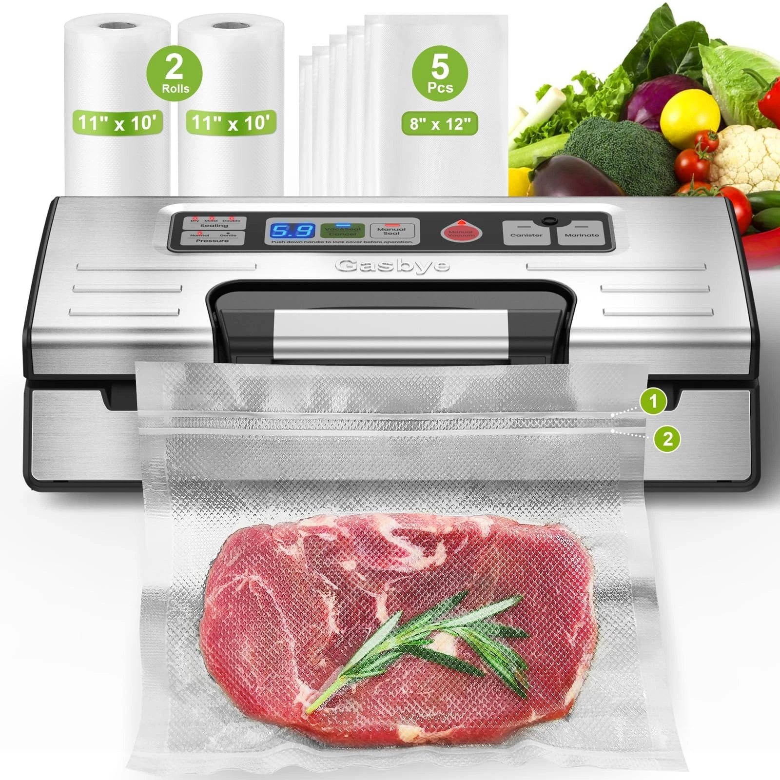 Gasbye 95kPa Precision Vacuum Sealer Machine Double Heat Seal for Dry/Moist Food