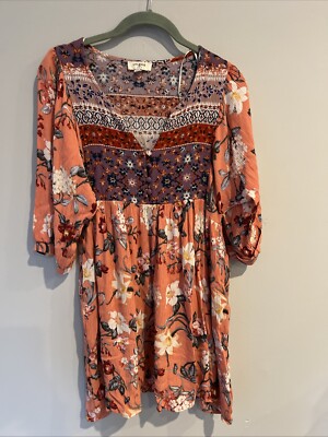 Umgee Floral Patchwork Mini Dress Tunic Blouse Cottagecore Boho Prairie Size S