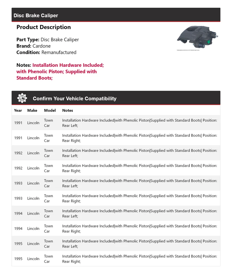Суппорт дискового тормоза Cardone для 1991-1995 Lincoln Town Car 1992 1993 1994 - Изображение 2 из 4