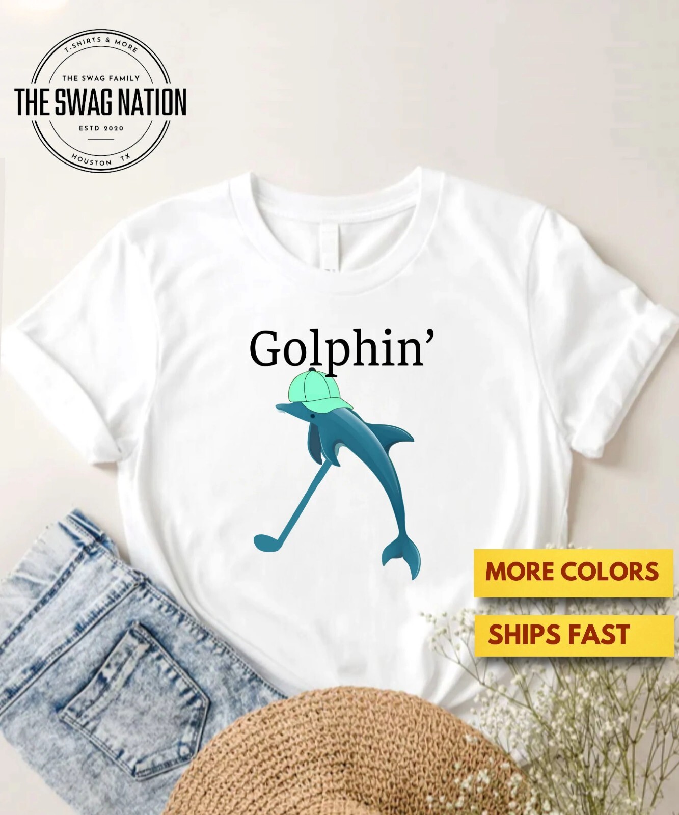 PONY Maglietta Premium Divertente Golf Golphin Playing Golf Dolphin Pun Shirt Funny Dolphin