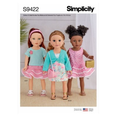 Simplicity Schnittmuster S9422 Kleid Rock Oberteil Cardigan Zubehör 18 Zoll Puppe