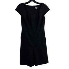 Ann Taylor Black Sheath Dress Cap Sleeves Scoop Neck Front Pleat Pockets Size 2