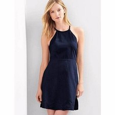 NWT $79 GAP Navy Blue Linen Fit Flare Embroidered Summer Work Dress 2P Pet Sml