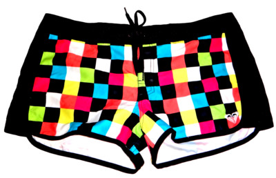 ROXY Swim Beach Shorts Back Pocket Front Ties Plaid Multicolor & Black Size 13