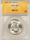 1957 FRANKLIN HALF DOLLAR - ANACS MS-63, WHITE!