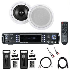 Rockville Karaoke Bluetooth Amp/Mixer 2 8" Ceiling Speakers 2 Microphones