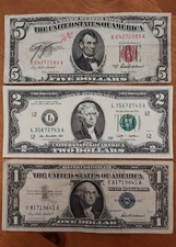 3 Note Lot - Silver Certificate, Red Seal, $2 Dollar Bill, Blue Seal - Vintage