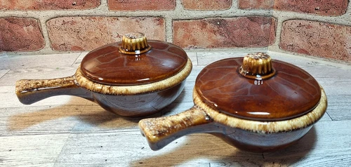 Hull Pottery Brown Drip Glaze Lidded Soup Crocks with Handles – Set of 2