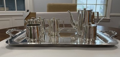 Vintage USN Mess Hall DJ Silverplate Teapot, Tray, Creamer, Sugar, Spoon Tea Set