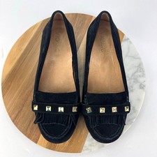 Vionic 5 Thera/VS080 Leather Fringe Studded Detail Women's Black Suede Moccasin