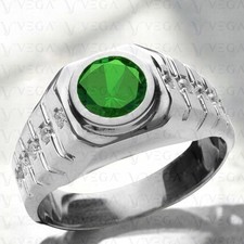 3.50Ct Round Cut Natural Emerald Gemstone Diamond Men's Ring 18k White Gold Over