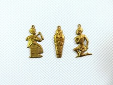 Raw Stamped Brass Egyptian Charms 3 Pieces Seated Pharaoh Sarcophagus & Servant