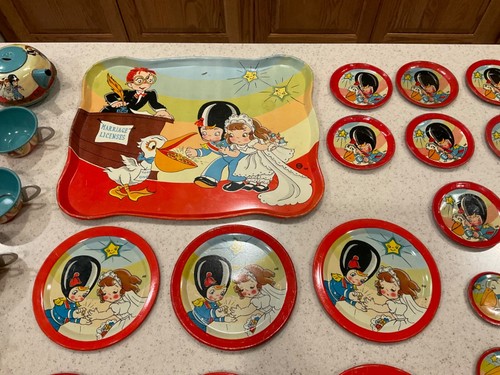 Vintage Ohio Art Tin Litho Tea Set The Marriage Wedding Bride Groom M521 - 34 pc - Picture 2 of 9