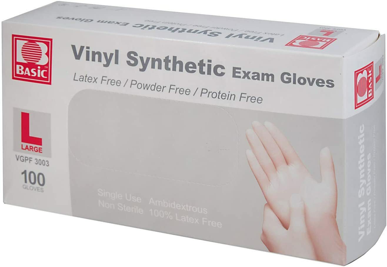 Basic Medical VGPF3003 Clear Vinyl Exam Gloves Latex PowderFree Large