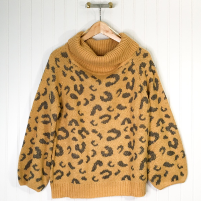 Easel Womens Pullover Sweater Brown Black Leopard Print Long Sleeve Turtleneck S